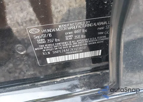 2019 Hyundai Sonata Se z USA, uszkodzony, nr VIN 5NPE24AF2KH738317